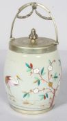 A silver plated opaline glass biscuit barrel and cover, circa 1890,