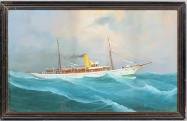 School of de Simone, gouache, 20th century, painted with a steam yacht named 'St Serf' riding waves,