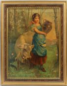 A 19th century print of a Milk Maid, with low and milk pail,