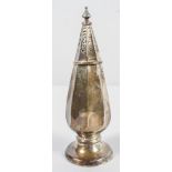 An Art Deco octagonal tapered form silver sugar caster with pierced pull off cover set a urn finial