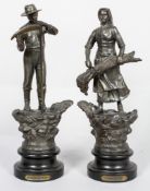 A pair of bronzed Spelter figures, titled 'L'Agriculture',
