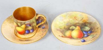 A Royal Worcester fruit painted coffee can with saucer and side plate, painted by W H Austin,