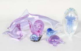 A large Studio Art glass dump shaped weight enclosing a blue jellyfish, 19cm,