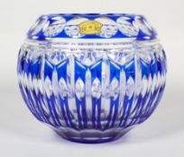 A Val St Lambet blue flashed cut glass vase, of spherical form, paper label and etched mark,