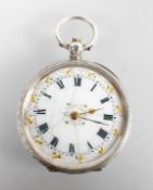 A full hunter pocket watch. Circular white dial; roman numerals. Swiss made manual wind movement.