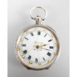 A full hunter pocket watch. Circular white dial; roman numerals. Swiss made manual wind movement.