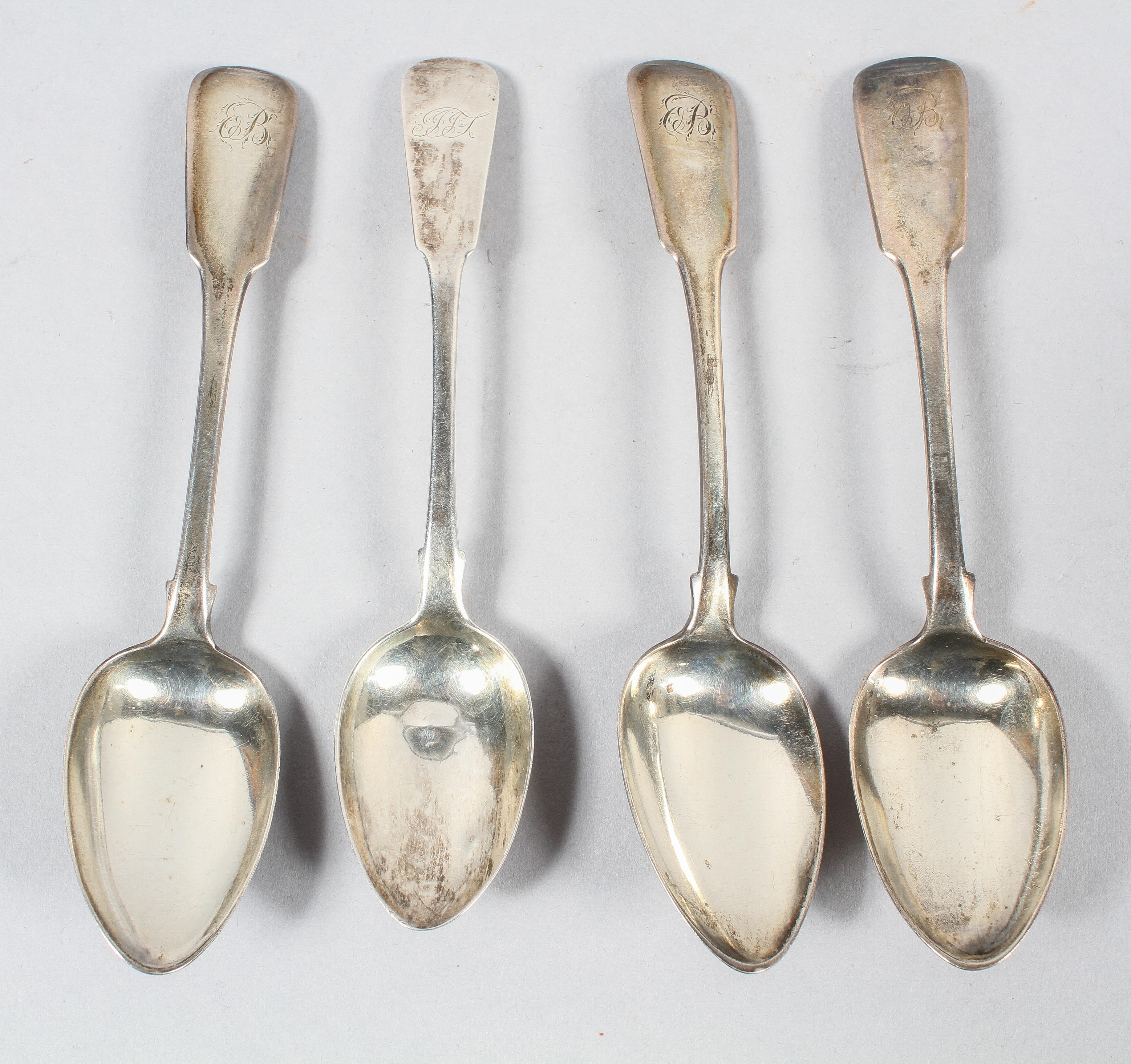 Two fiddle pattern silver teaspoons, with rat tail bowls, Dublin 1823, 15cm high; with two others,