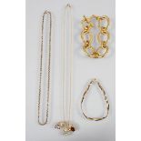 A collection of jewellery to include: A 9ct three colour twisted bracelet; A 9ct chain;