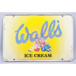 A vintage 'Walls Ice Cream' metal advertising sign, printed with two children eating ice cream,