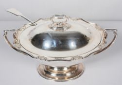 A silver plated (Hardy Bros, Sydney & Brisbane) oval two handled tureen, cover and ladle,