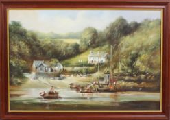 Ted Dyer, oil on canvas, Fishing boats beside cottages in landscape, signed lower right, framed,