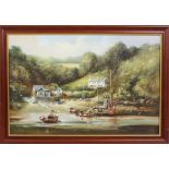 Ted Dyer, oil on canvas, Fishing boats beside cottages in landscape, signed lower right, framed,