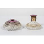 A silver mounted Art Deco cut glass and guilloche enamel perfume bottle and powder bowl with cover,