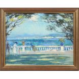 20th century Continental school, An impressionistic study of figures with peacock overlooking a bay,