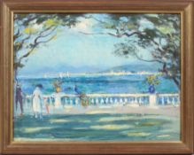 20th century Continental school, An impressionistic study of figures with peacock overlooking a bay,