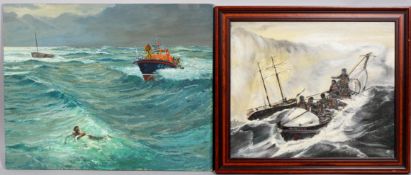 Two RNLI oil paintings, 20th century, comprising : A rescue, oil on board, initialled JRS,