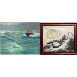 Two RNLI oil paintings, 20th century, comprising : A rescue, oil on board, initialled JRS,