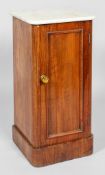 An C19th continental marble topped walnut bedside table with curved edges and front panelled door