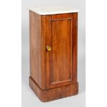 An C19th continental marble topped walnut bedside table with curved edges and front panelled door