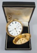 A yellow metal full hunter pocket watch. Circular white dial, signed John Forrest, London.