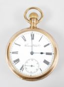 A gold plated open face pocket watch.