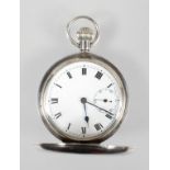 A full hunter pocket watch. Circular white dial; roman numerals. Swiss made manual wind movement.