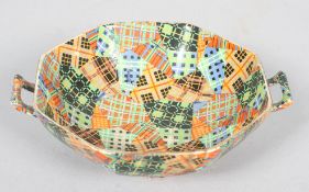 A Royal Winton 'Tartan's' pattern octagonal two handled footed bowl, early 20th century,