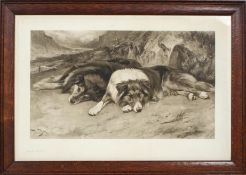 Wright Barker, signed mezzotint, 1896, two recumbent Border collies,