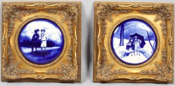Pair of framed Staffordshire blue and white transfer printed porcelain plaques, late 19th century,