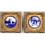 Pair of framed Staffordshire blue and white transfer printed porcelain plaques, late 19th century,