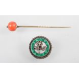A yellow gold stick pin with coral (untested) bead together with a Charles Horner sterling silver