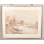 R Mori, watercolour of a mill and cottages beside a river, signed lower left,