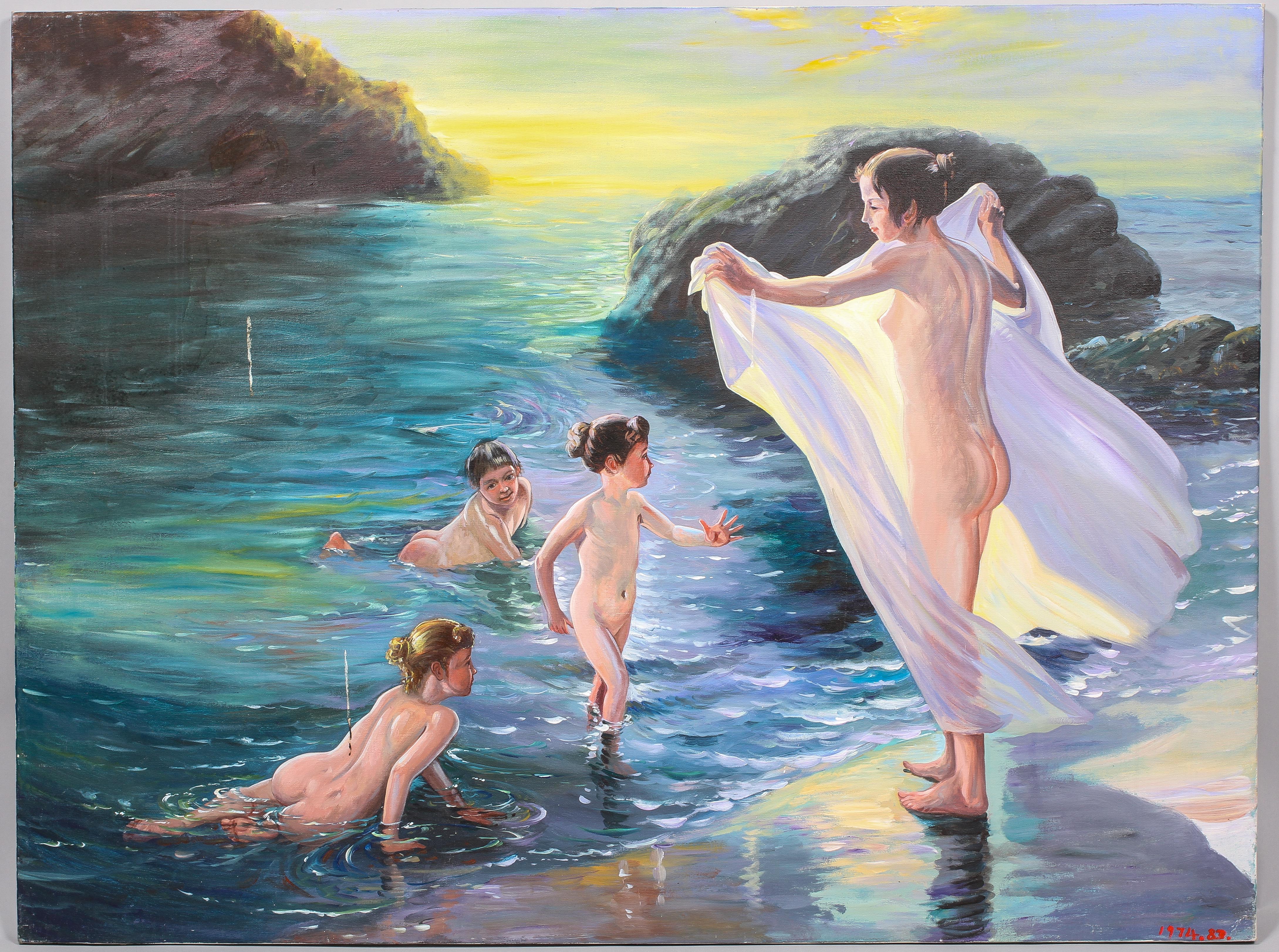 A large oil on canvas of nudes on the sea shore, signed '1974, 83' in red, lower right, un-framed,