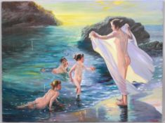 A large oil on canvas of nudes on the sea shore, signed '1974, 83' in red, lower right, un-framed,