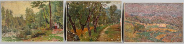 Giorgio Matteo Aicardi (1891-1984), Figures in a landscape, oil on panel, signed lower right,