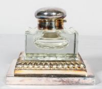 A Victorian silver plated (Walker & Hall) cut glass inkwell and stand,