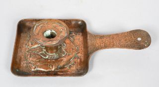 An Arts and Crafts Newlyn school copper chamberstick, circa 1900-05, of square panelled form,