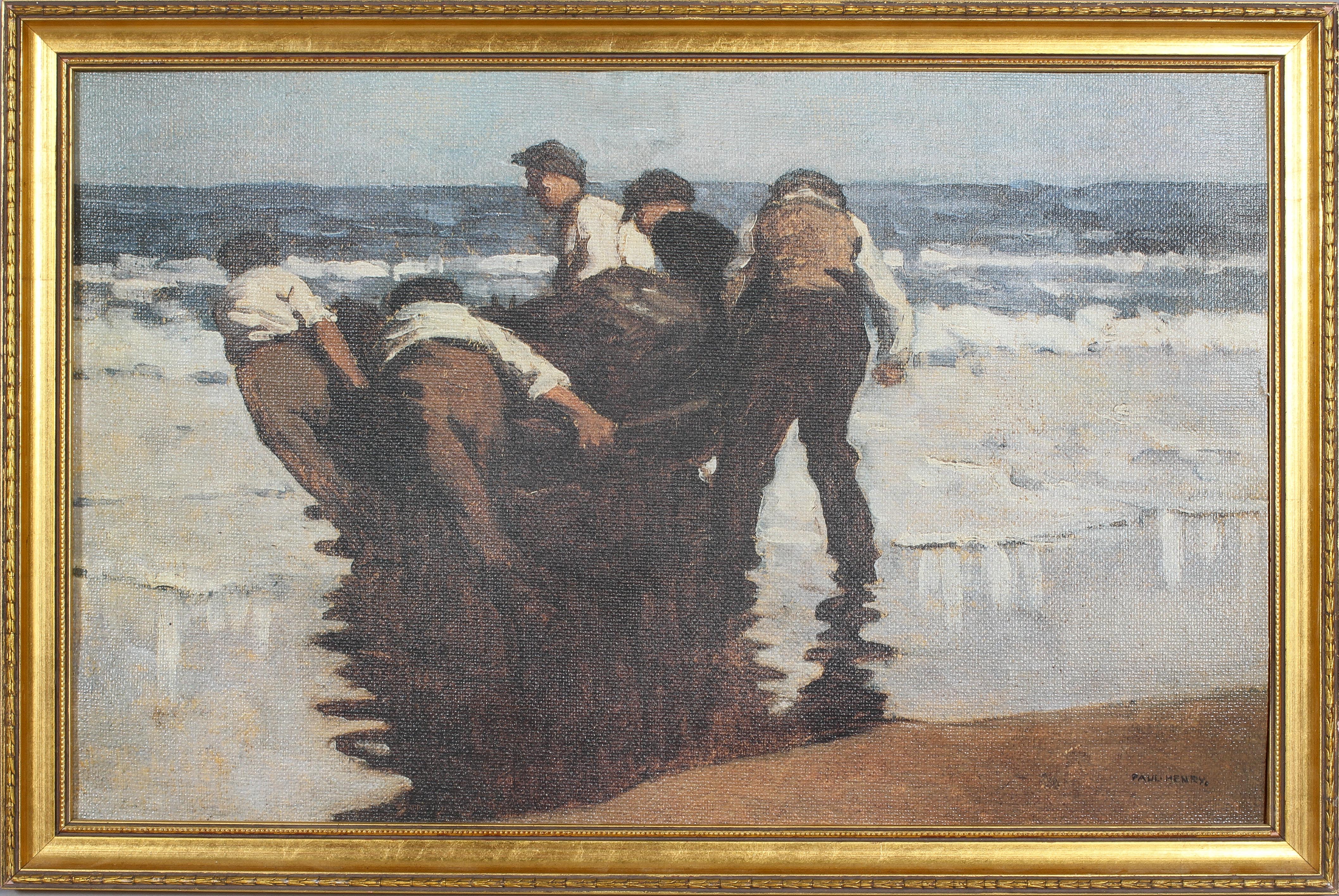 Paul Henry, Launching The Currach, lacquered print on canvas, framed, labelled verso,