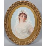 A portrait of a Lady in Regency wedding dress, oil on board, within oval giltwood frame,