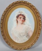 A portrait of a Lady in Regency wedding dress, oil on board, within oval giltwood frame,