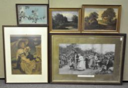 Four framed prints and an oil painting,two landscapes,