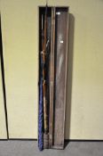 A quantity of fishing rods in a case to include ken smith ledger rod