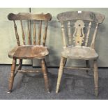 Two pine chairs with splat and turned backs and legs,