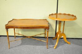 A pine and marquetry inlaid satinwood tripod occasional table and a sofa table (2) with bamboo