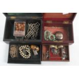 Two jewellery boxes with selection of costume jewellery including a ladies 9ct wristwatch with