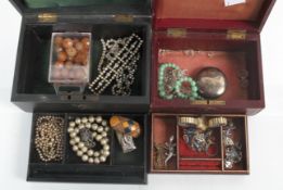 Two jewellery boxes with selection of costume jewellery including a ladies 9ct wristwatch with
