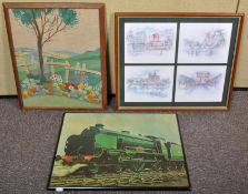 A vintage framed and glazed tapestry along with a printed board of a train and a set of four prints