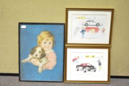 A print after Frances Tripton, a little girl with a puppy and two satirical car prints