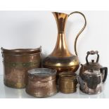 A hat box, a copper jug and other metalware