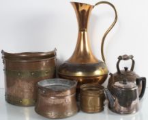 A hat box, a copper jug and other metalware
